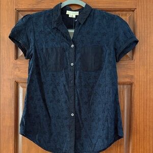 Anthropologie Navy Eyelet Short Sleeve Button-Down Shirt